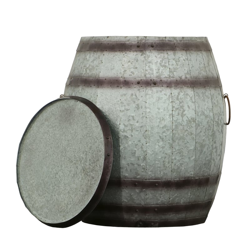 Barrel Drum Shape Storage Table with Removable Lid- Rustic Brown and Gray Metal