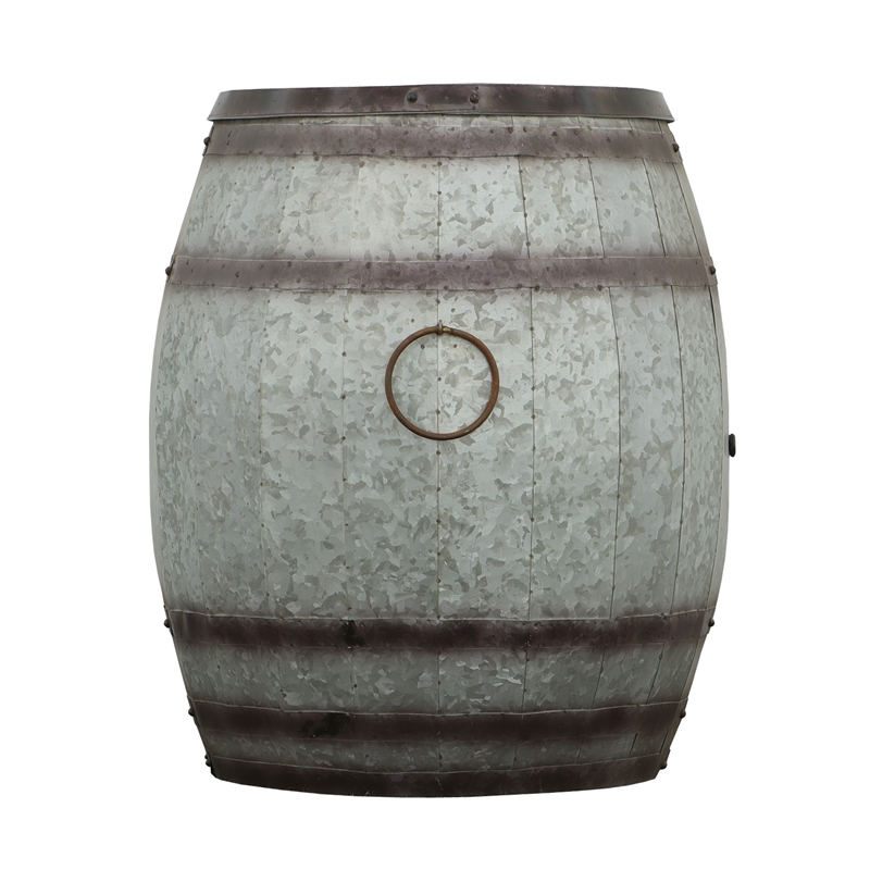 Barrel Drum Shape Storage Table with Removable Lid- Rustic Brown and Gray Metal