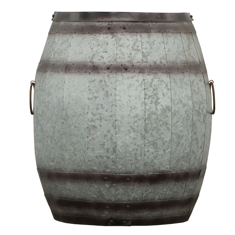 Barrel Drum Shape Storage Table with Removable Lid- Rustic Brown and Gray Metal