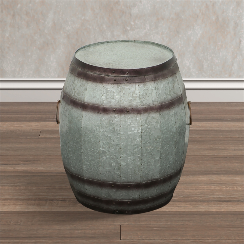 Barrel Drum Shape Storage Table with Removable Lid- Rustic Brown and Gray Metal