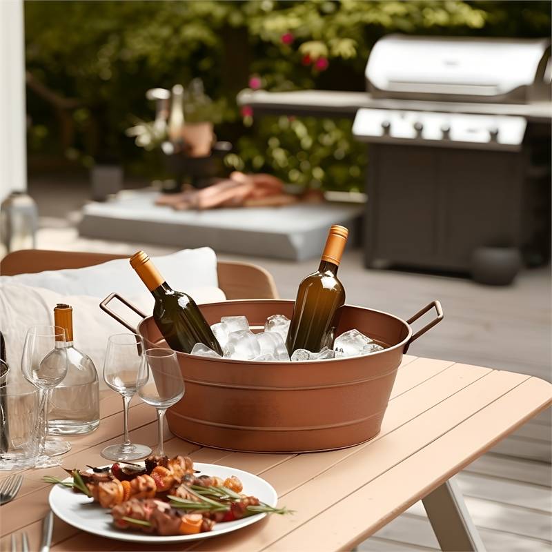 Thea Oval Shape Hammered texture Metal Tub with 2 Side Handles- Copper