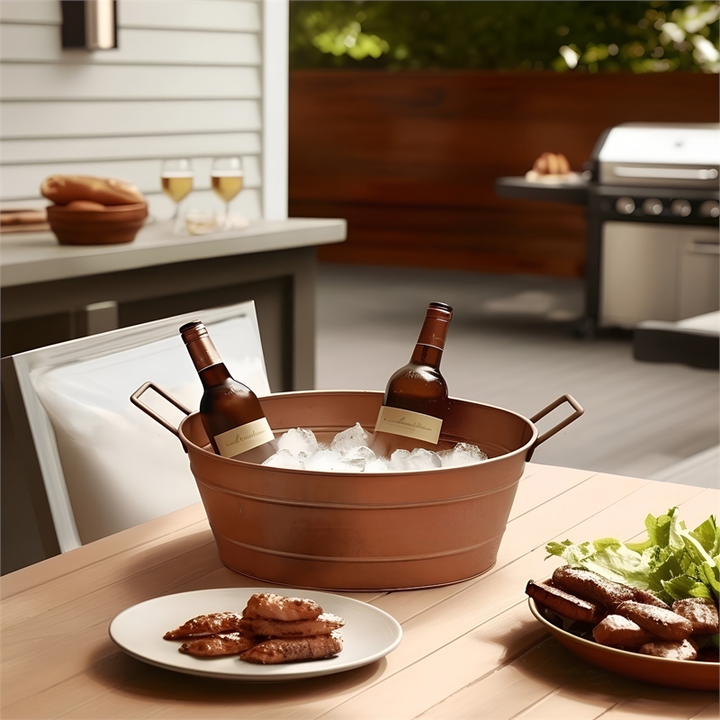 Thea Oval Shape Hammered texture Metal Tub with 2 Side Handles- Copper