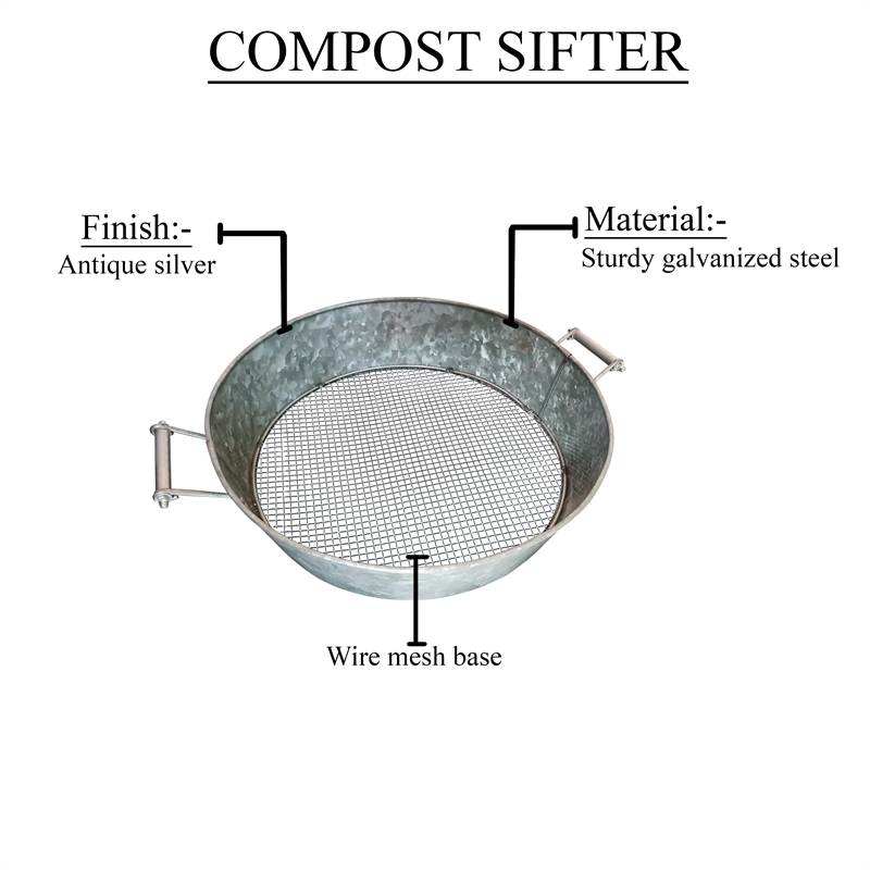 Round Galvanized Steel Compost Sifter with Wire Mesh Design Base- Antique Silver