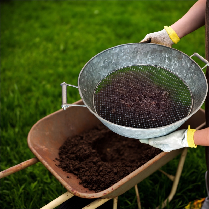 Round Galvanized Steel Compost Sifter with Wire Mesh Design Base- Antique Silver