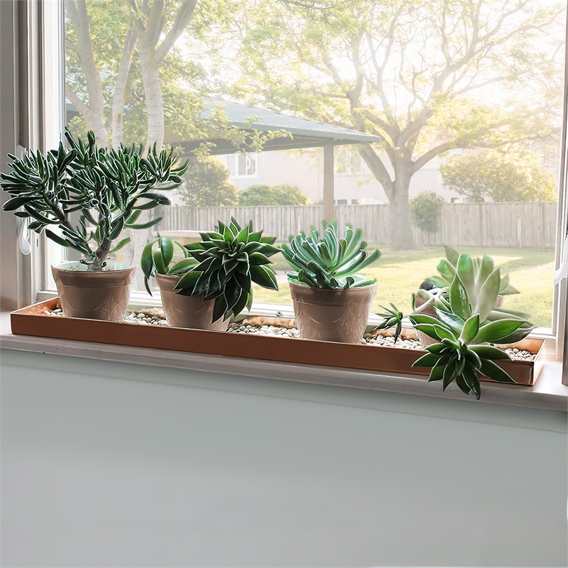 29 Inch Rectangular Metal Windowsill Planter Tray- Trim Edges- Large- Copper