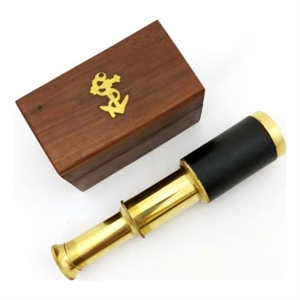 Small Brass Nautical Telescope with Pull-Out Wooden Box in Gold and Brown Finish