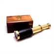 Small Brass Nautical Telescope with Pull-Out Wooden Box in Gold and Brown Finish