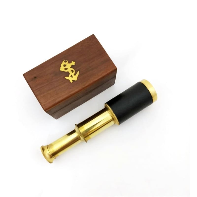 Small Brass Nautical Telescope with Pull-Out Wooden Box in Gold and Brown Finish