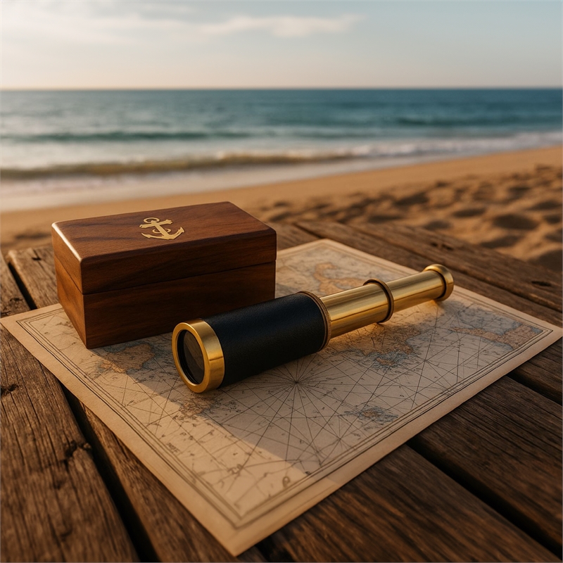 Small Brass Nautical Telescope with Pull-Out Wooden Box in Gold and Brown Finish
