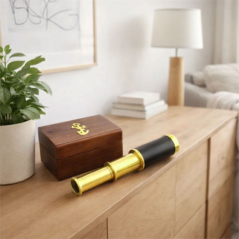 Small Brass Nautical Telescope with Pull-Out Wooden Box in Gold and Brown Finish