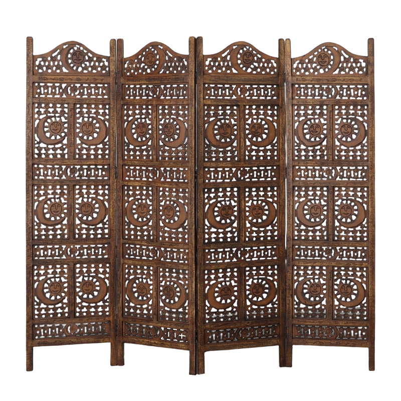 71 Inch 4 Panel Mango Wood Room Divider-Hand Carved-Sun & Moon Design- Brown