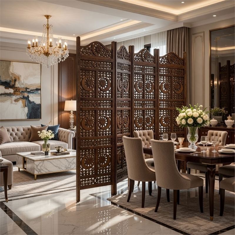 71 Inch 4 Panel Mango Wood Room Divider-Hand Carved-Sun & Moon Design- Brown