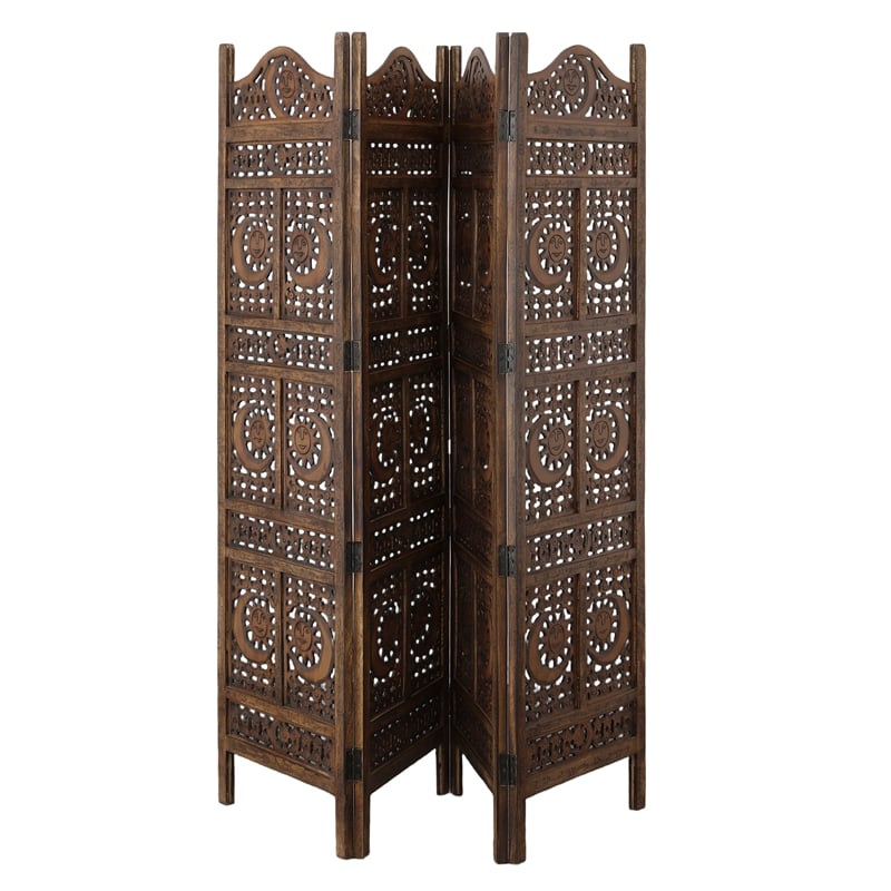 71 Inch 4 Panel Mango Wood Room Divider-Hand Carved-Sun & Moon Design- Brown