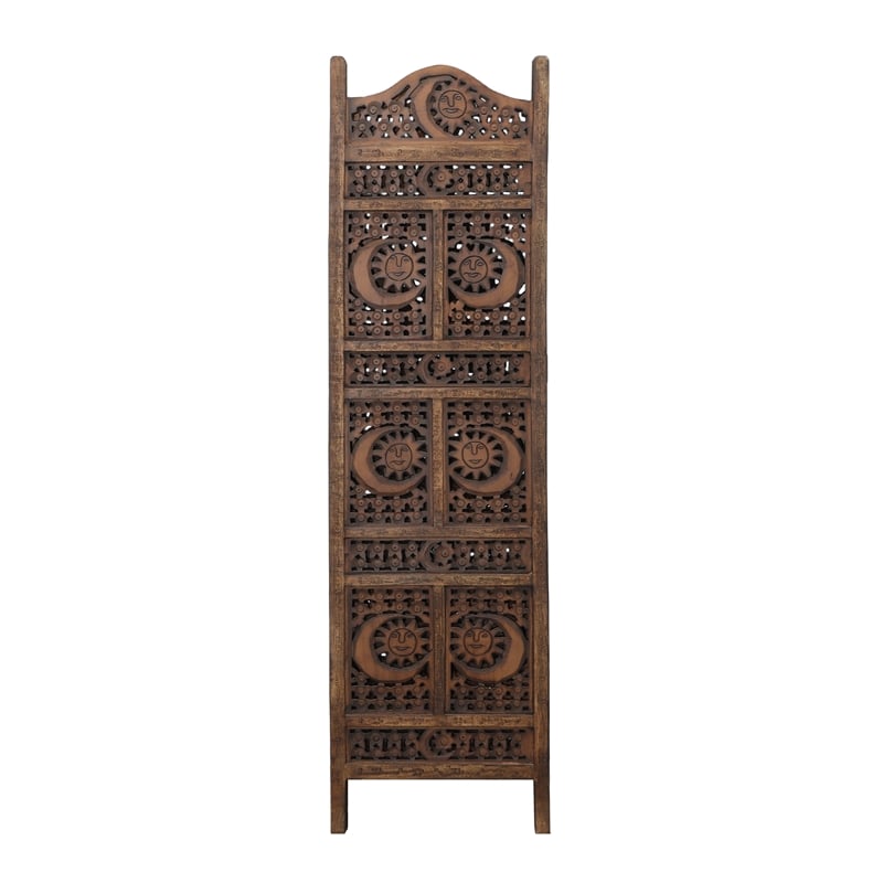 71 Inch 4 Panel Mango Wood Room Divider-Hand Carved-Sun & Moon Design- Brown