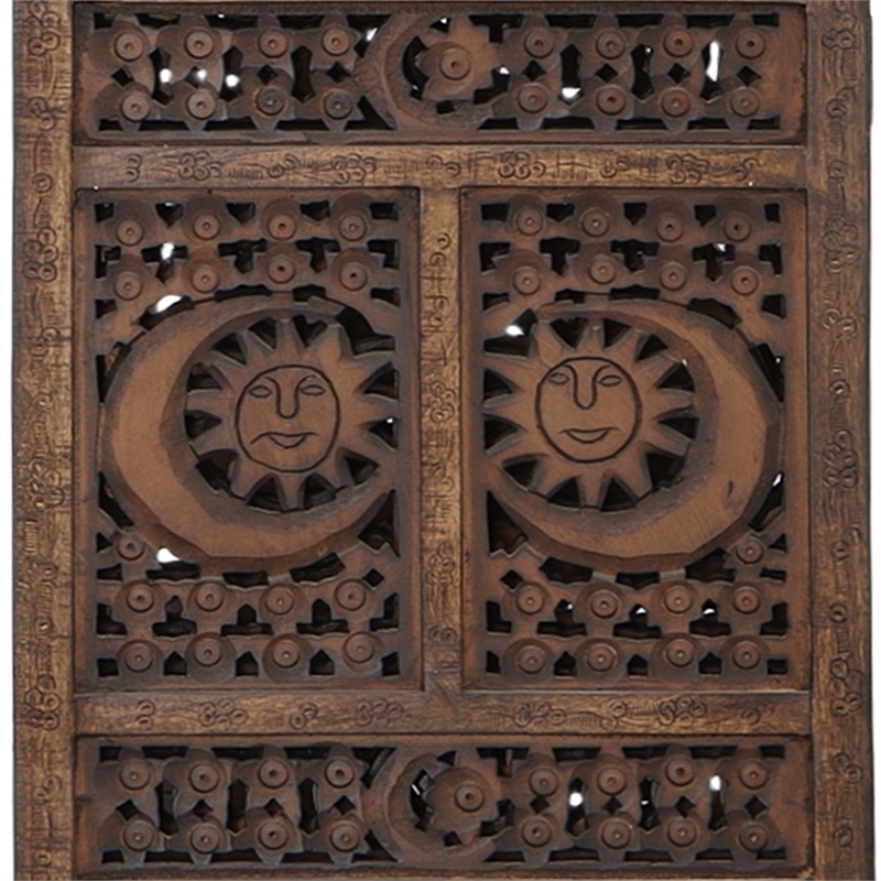 71 Inch 4 Panel Mango Wood Room Divider-Hand Carved-Sun & Moon Design- Brown