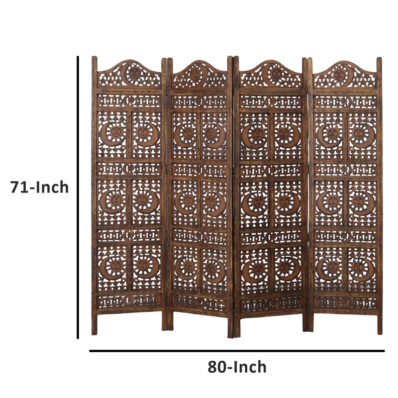 71 Inch 4 Panel Mango Wood Room Divider-Hand Carved-Sun & Moon Design- Brown