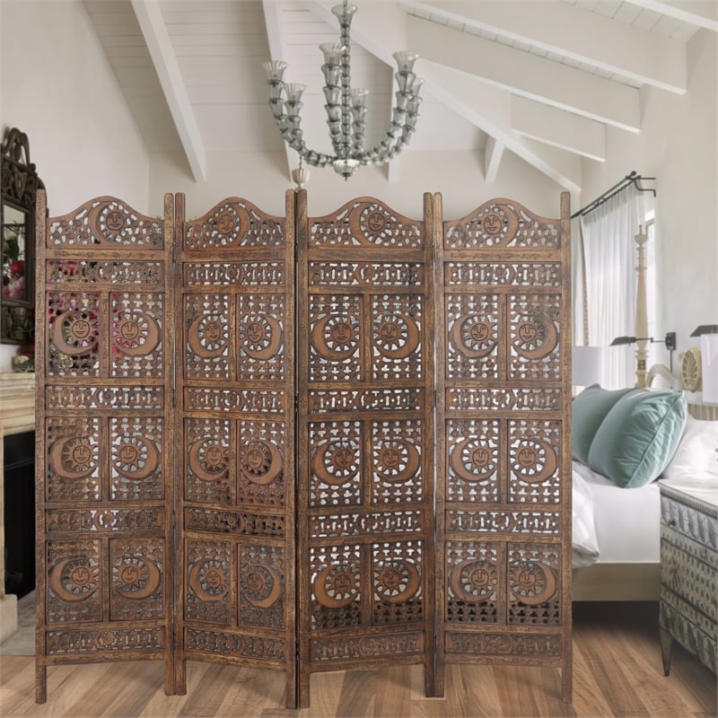 71 Inch 4 Panel Mango Wood Room Divider-Hand Carved-Sun & Moon Design- Brown