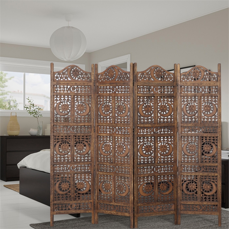 71 Inch 4 Panel Mango Wood Room Divider-Hand Carved-Sun & Moon Design- Brown