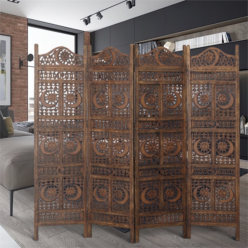 71 Inch 4 Panel Mango Wood Room Divider-Hand Carved-Sun & Moon Design- Brown