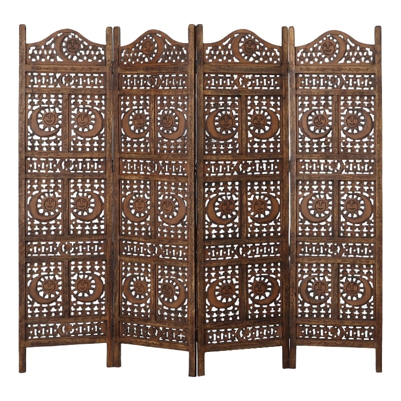71 Inch 4 Panel Mango Wood Room Divider-Hand Carved-Sun & Moon Design- Brown