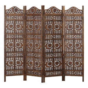 71 Inch 4 Panel Mango Wood Room Divider-Hand Carved-Sun & Moon Design- Brown