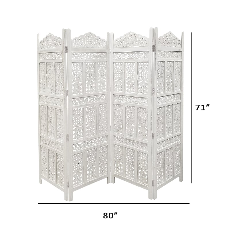 Aesthetically Carved 4 Panel Wooden Partition Screen/Room Divider- White