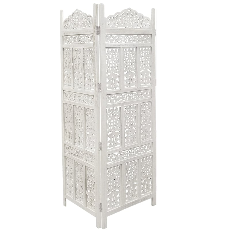 Aesthetically Carved 4 Panel Wooden Partition Screen/Room Divider- White