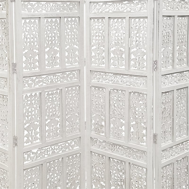 Aesthetically Carved 4 Panel Wooden Partition Screen/Room Divider- White