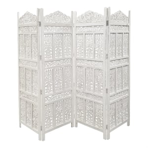 Aesthetically Carved 4 Panel Wooden Partition Screen/Room Divider- White