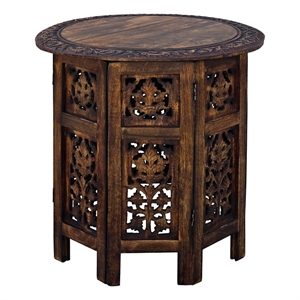 18 Inch Mango Wood Folding Accent Table- Hand Carved- Walnut Brown