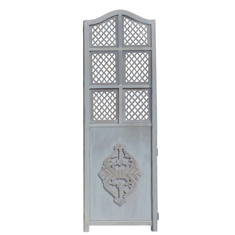 Three Panel Wooden Room Divider with Traditional Carvings and Cutouts- Blue