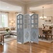 Three Panel Wooden Room Divider with Traditional Carvings and Cutouts- Blue
