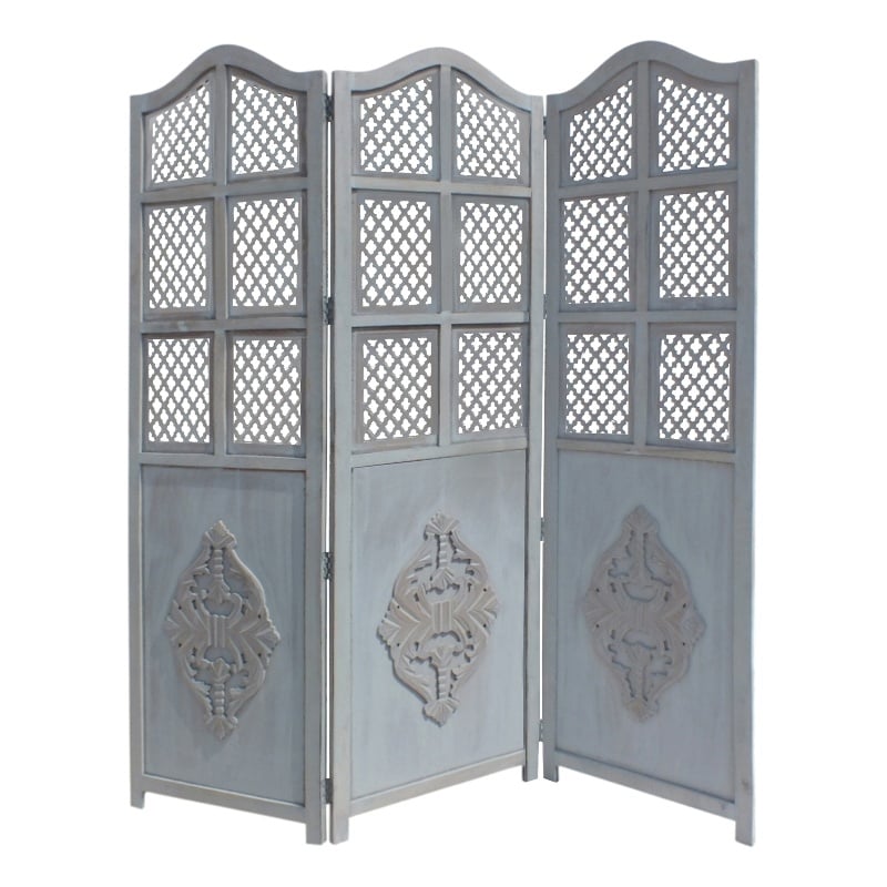 Three Panel Wooden Room Divider with Traditional Carvings and Cutouts- Blue