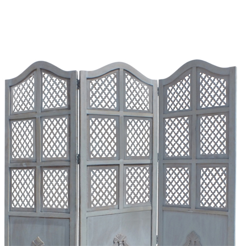 Three Panel Wooden Room Divider with Traditional Carvings and Cutouts- Blue