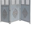 Three Panel Wooden Room Divider with Traditional Carvings and Cutouts- Blue