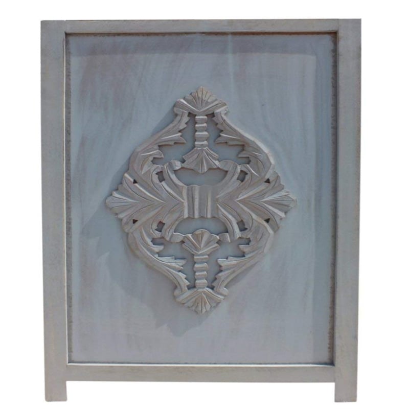 Three Panel Wooden Room Divider with Traditional Carvings and Cutouts- Blue