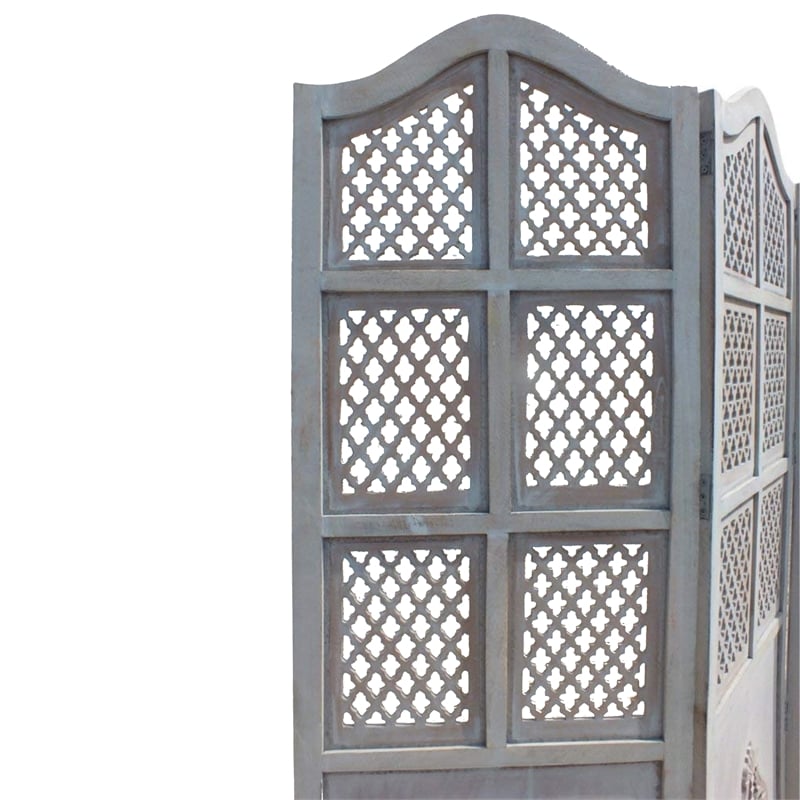 Three Panel Wooden Room Divider with Traditional Carvings and Cutouts- Blue
