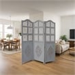 Three Panel Wooden Room Divider with Traditional Carvings and Cutouts- Blue
