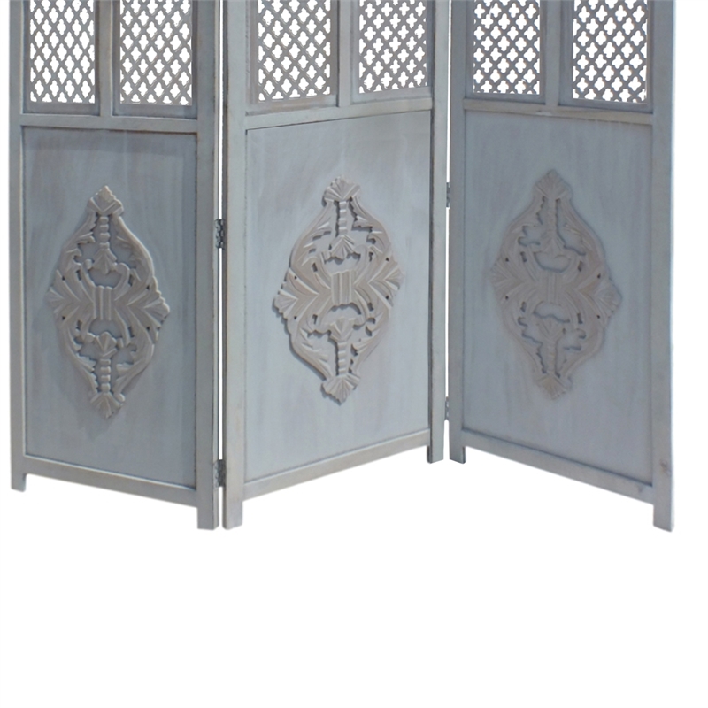 Three Panel Wooden Room Divider with Traditional Carvings and Cutouts- Blue