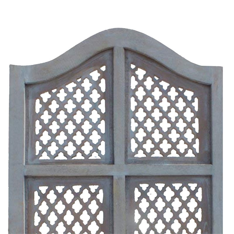 Three Panel Wooden Room Divider with Traditional Carvings and Cutouts- Blue