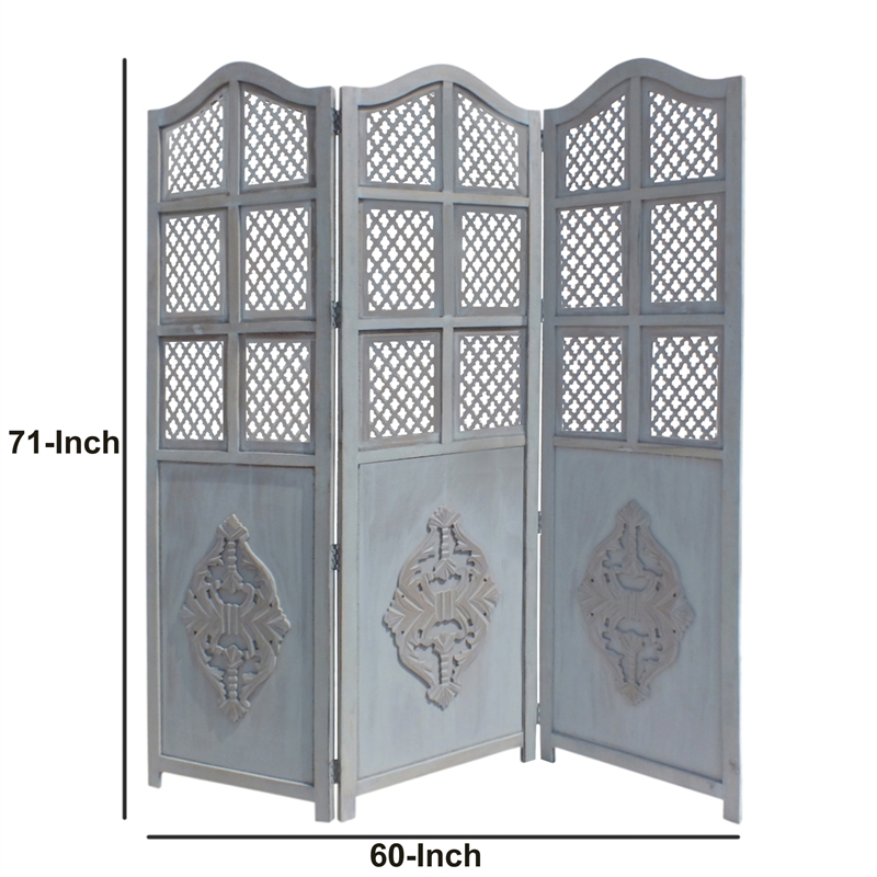 Three Panel Wooden Room Divider with Traditional Carvings and Cutouts- Blue