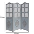 Three Panel Wooden Room Divider with Traditional Carvings and Cutouts- Blue