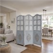 Three Panel Wooden Room Divider with Traditional Carvings and Cutouts- Blue