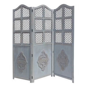 Three Panel Wooden Room Divider with Traditional Carvings and Cutouts- Blue
