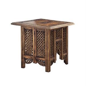 21 Inch Boho Side End Table- Floral Carved Details- Foldable Panel Legs