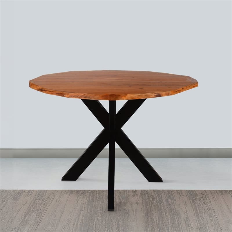 Kuri 41 Inch Handcrafted Live Edge Round Dining Table- Acacia Wood Top-Iron Legs