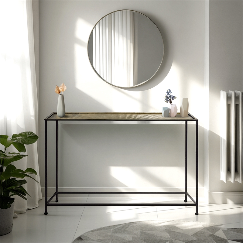 Aurelia 48 Inch Console Sofa Table-Artisanal Hammered Bronze Tray Top-Iron Frame