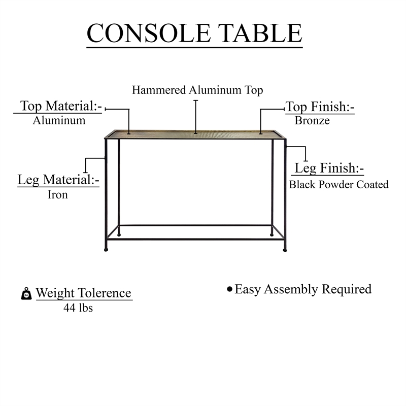 Aurelia 48 Inch Console Sofa Table-Artisanal Hammered Bronze Tray Top-Iron Frame
