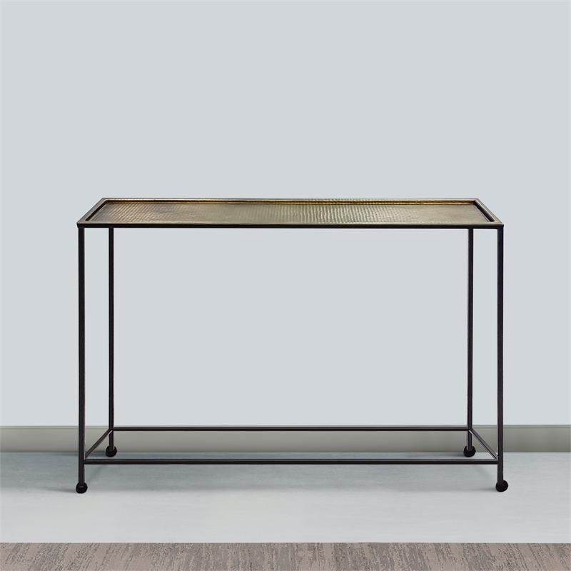 Aurelia 48 Inch Console Sofa Table-Artisanal Hammered Bronze Tray Top-Iron Frame