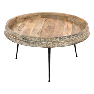 Gia 29 Inch Modern Handcrafted Round Coffee Table-Wood Top-Carved Edge-Iron Legs